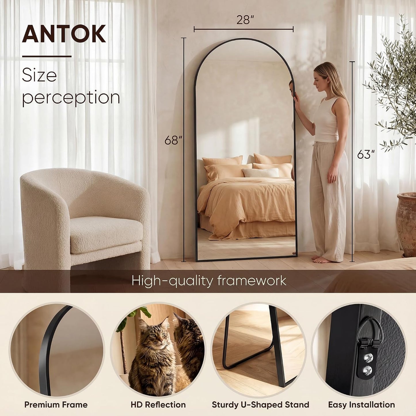 Antok 58" x19” Arched Full Length Floor Mirror, Gold Aluminum Frame, Free Standing/Wall Mount/Leaning for Bedroom, Living Room, Dressing Room