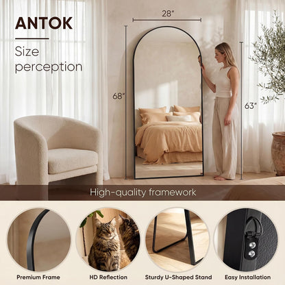 Antok 58" x19” Arched Full Length Floor Mirror, Gold Aluminum Frame, Free Standing/Wall Mount/Leaning for Bedroom, Living Room, Dressing Room