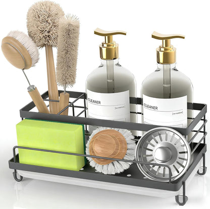 Cisily Stainless Steel Sponge Holder for Kitchen, Sink Caddy Sink Organizer Rack for Kitchen Accessories with Drip Tray, Rustproof and Non-slip, Dish Soap Dispenser Countertop Organizer