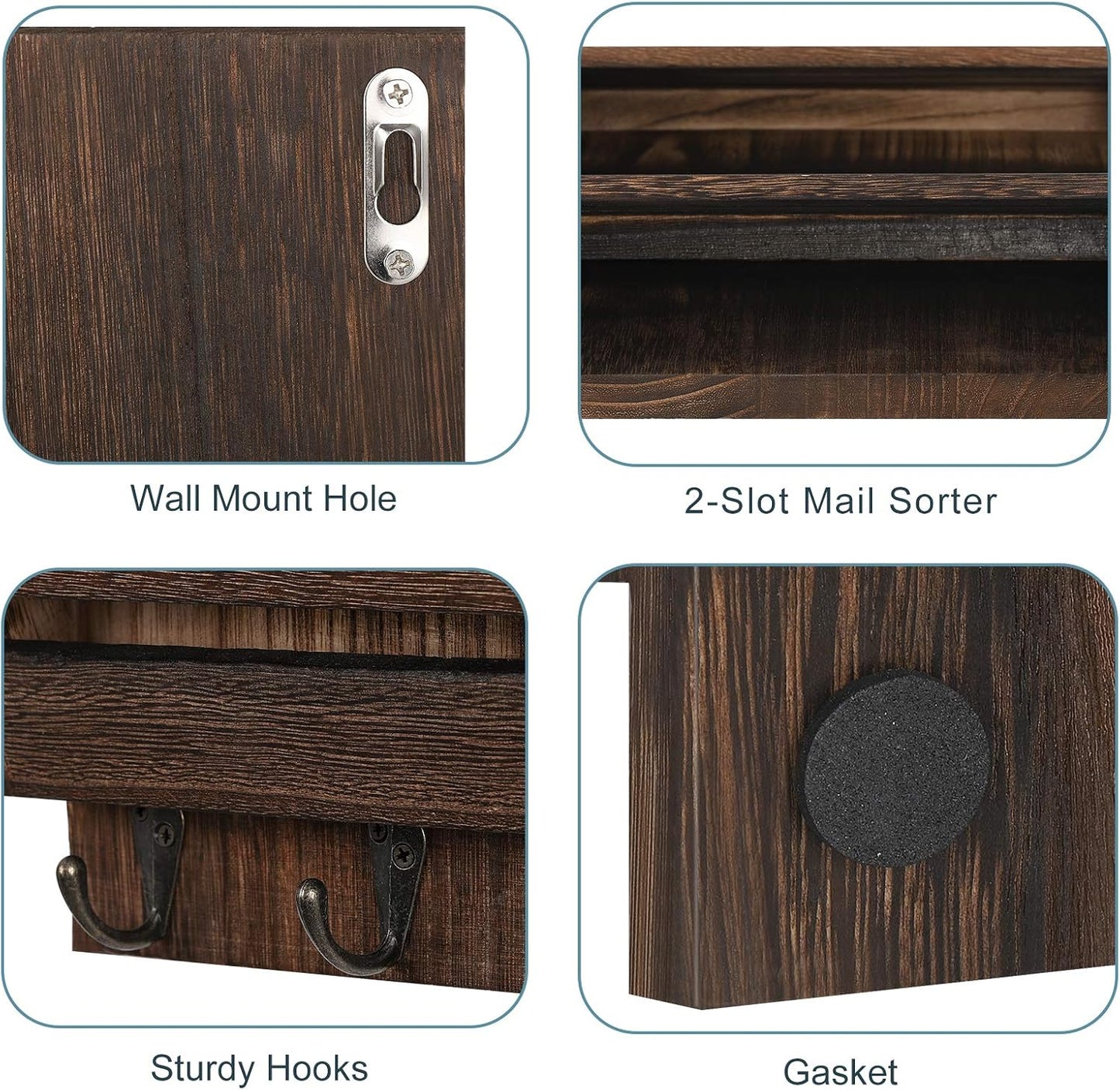 BTY Mail Sorter Wall Mounted, Wooden Mail Holder with 4 Key Hooks, 2 Slot Letter Bills Newspaper Magazine Organizer for Entryroom Hallway Office Garage, Gray White