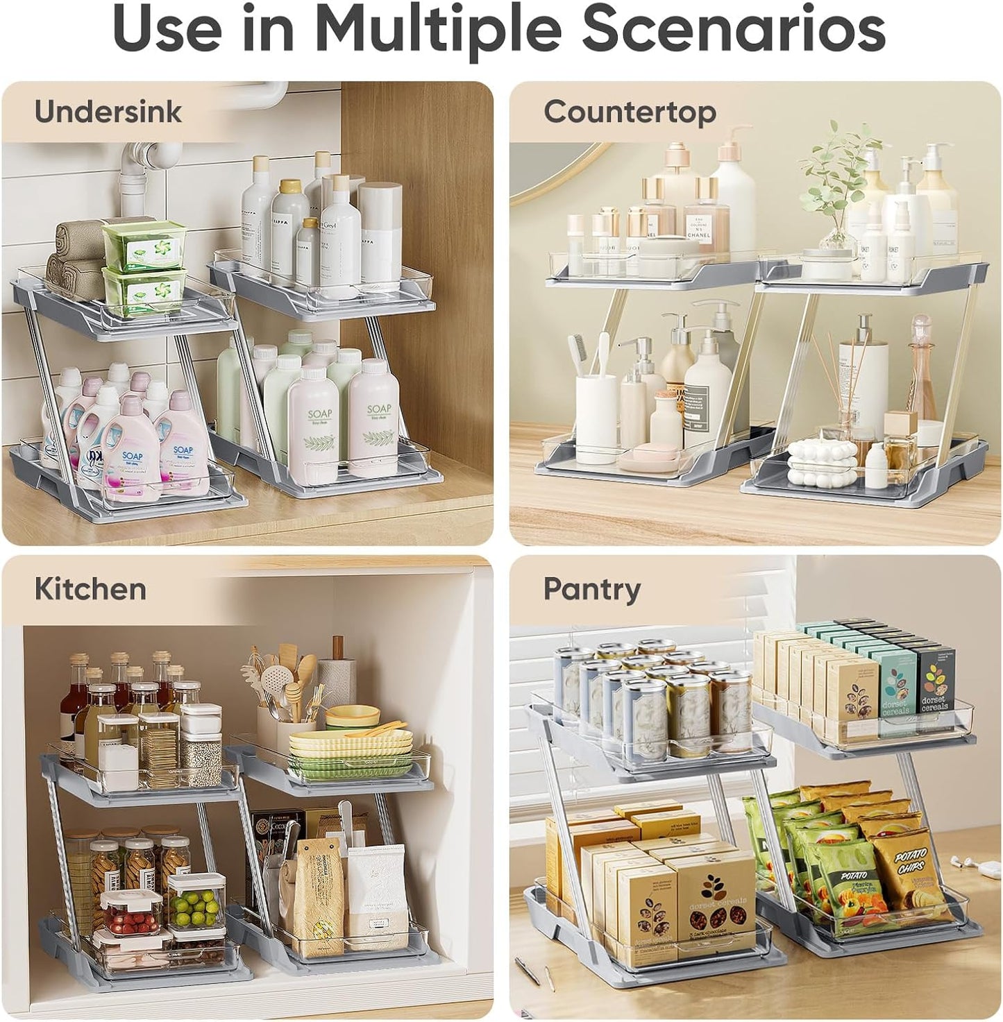 3 Pack Bathroom Organizers and Storage - Multi-Purpose,2-Tier Clear Pull Out Organization for Bathroom,Under Sink,Kitchen,Vanity,Countertop,Cabinet,Pantry & Medicine Cabinet,Grey