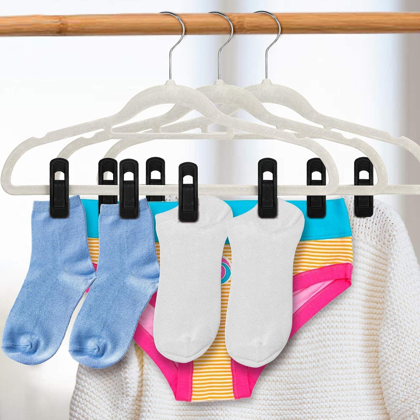 Tinfol Velvet Hanger Clips, 24 Pack Black Pants Hangers Clips, Large Opening Clothes Pin, Strong Finger Flocked Clip Perfect for Use with Slim-line Clothes Velvet Hanger