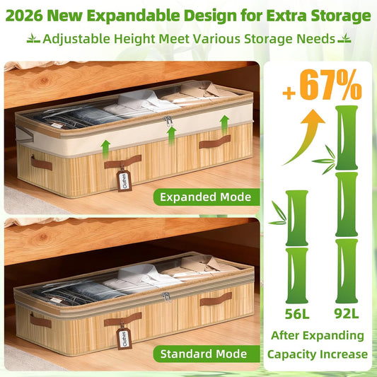 Livole 2 Pack Bamboo Under Bed Storage Containers with Wheels | Breathable Bamboo, Invisible Wheels, 6 inches Height, 56L Large Capacity, Easy Setup, Handles, Clear Lid