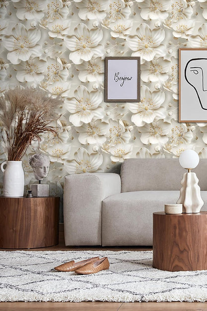 Floral Peel and Stick Wallpaper 3D Effect Interior Wall Décor Contact Paper Self Adhesive Removable Renter Friendly for Bedroom Living Cabinet Room 17.7in x 9.8ft (Not Textured Wallpaper