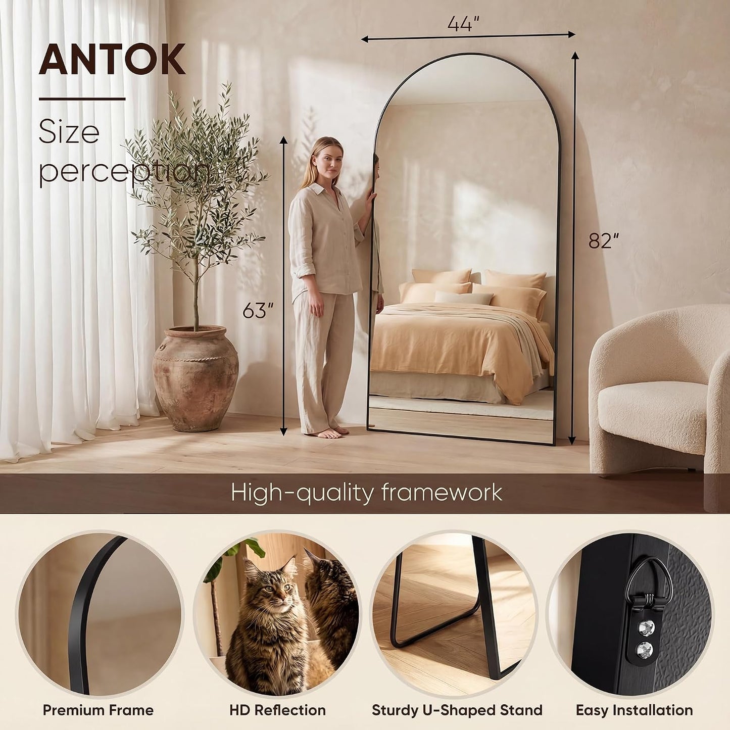 Antok 58" x19” Arched Full Length Floor Mirror, Gold Aluminum Frame, Free Standing/Wall Mount/Leaning for Bedroom, Living Room, Dressing Room