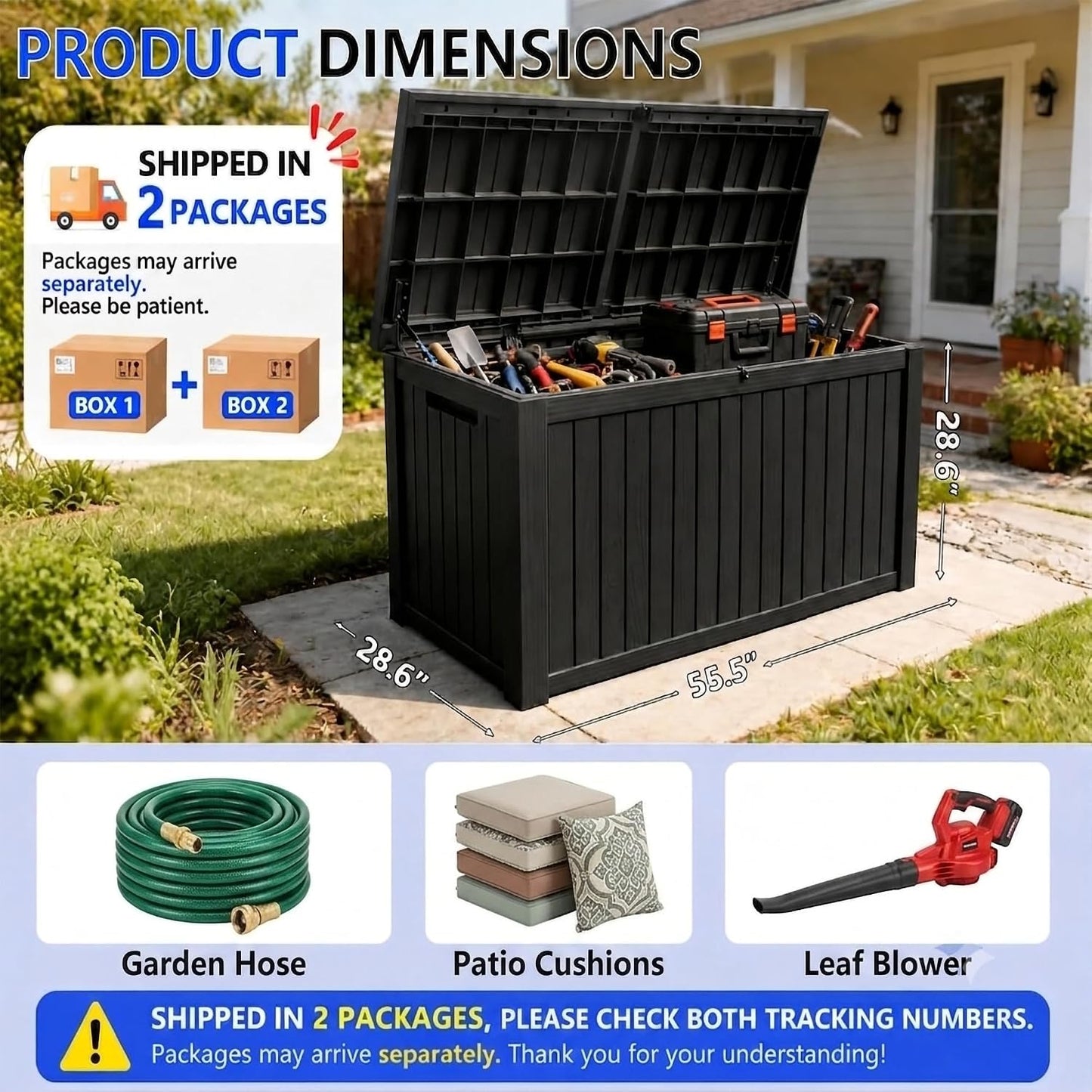 270 Gallon Lockable Resin Outdoor Storage Box, Waterproof & Weather Resistant Deck Box for Patio Cushion, Garden Tools & Pool Accessories, Black