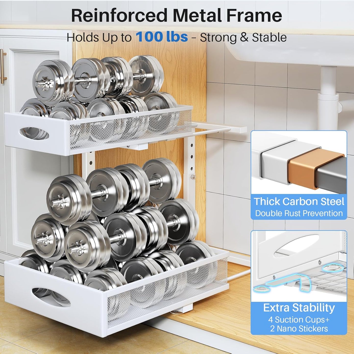 Under Sink Organizer, 2 Pack 2 Tier Pull Out Under Cabinet Organizer Shelf with Pad for Framed Cabinets, Metal Slide Out Under Sink Storage, Mesh Sliding Drawers for Kitchen Bathroom Laundry, Black