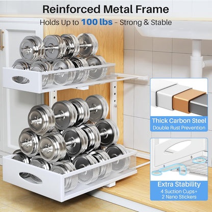 Under Sink Organizer, 2 Pack 2 Tier Pull Out Under Cabinet Organizer Shelf with Pad for Framed Cabinets, Metal Slide Out Under Sink Storage, Mesh Sliding Drawers for Kitchen Bathroom Laundry, Black