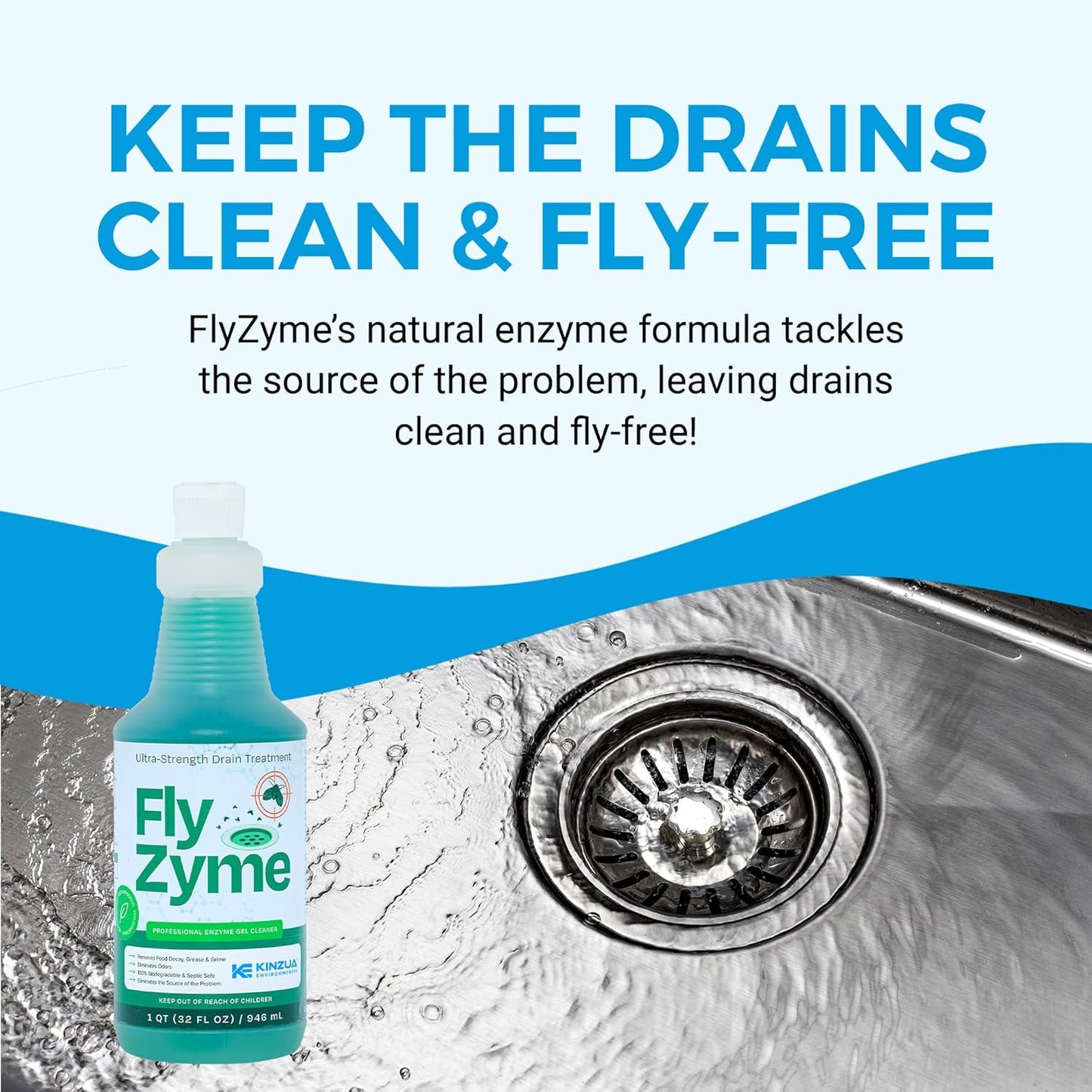 Fly-Zyme, Highly Concentrated Enzyme Drain Cleaner for Pipes, Drain Gel for Fruit Flies, Organic Waste Degrader & Odor Neutralizer, 32 fl oz, Pack of 2