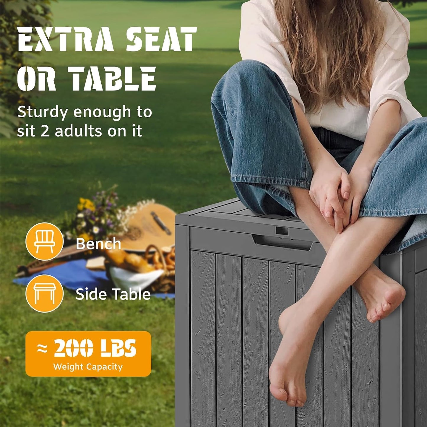 NUNU LAB Outdoor Storage Box, 45 Gallon Outside Deck Box Waterproof, Resin Outdoor Storage Cabinet With Lockable Lid, Backyard Storage Bench For Garden Tools, Patio Cushions, Pool Tools, Black