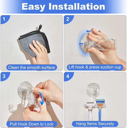 ANDGOO Suction Cup Razor Holder for Shower, 2 Pack Powerful Suction Cup Hooks for Towel, Loofah, Shaver, Wreaths, No-Damage Wall Hanger for Bathroom, Kitchen, No Drilling, Easy Install, Clear