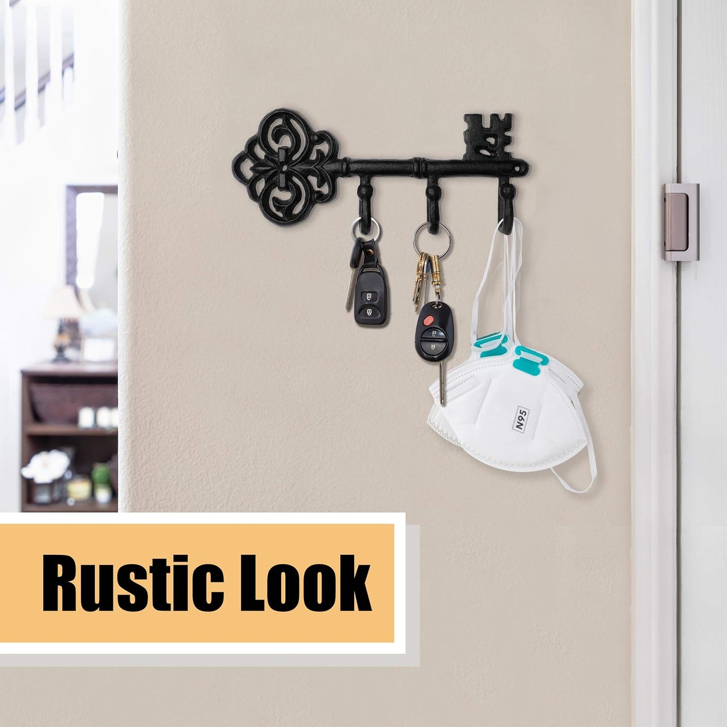 IRISVITA Key Holder for Wall Decorative, Antique Black Cast Iron Key Holder, Rustic Key Hooks for Wall with 3 Hooks, 8.75 x 3.5 Inches with Gitable Packaging, Matching Screws and Anchors Included