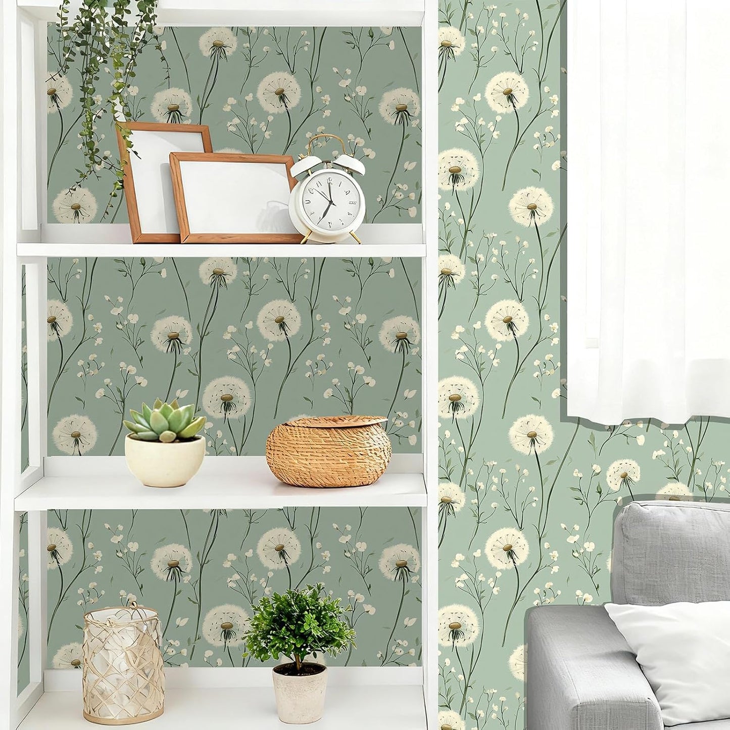 Dandelion Floral Peel and Stick Wallpaper Green Self Adhesive Removable Vinyl Wallpaper Botanical Floral Watercolor Boho Accent Wall for Bedroom Living Room Nursery 17.7" X 118"