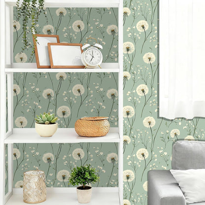 Dandelion Floral Peel and Stick Wallpaper Green Self Adhesive Removable Vinyl Wallpaper Botanical Floral Watercolor Boho Accent Wall for Bedroom Living Room Nursery 17.7" X 118"
