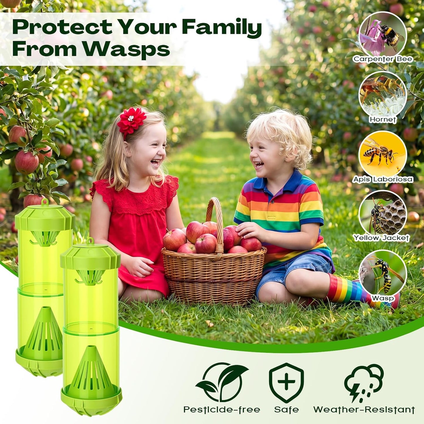 4 Pack Outdoor Yellowjacket Wasp Traps with 8 Pack Natural Bait Refills Lure Reusable Hanging Carpenter Bee and Hornet Catcher Green Bee Trap 24 Week Attractant Refills Wasp Catcher Outside