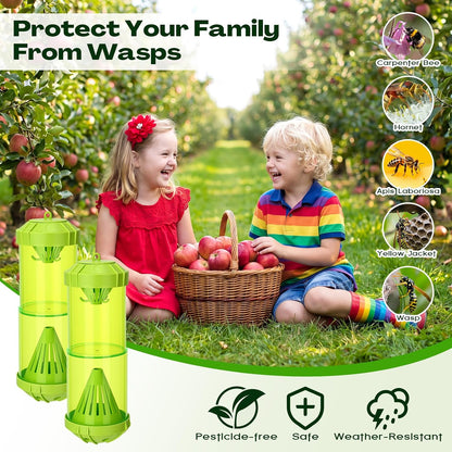 4 Pack Outdoor Yellowjacket Wasp Traps with 8 Pack Natural Bait Refills Lure Reusable Hanging Carpenter Bee and Hornet Catcher Green Bee Trap 24 Week Attractant Refills Wasp Catcher Outside