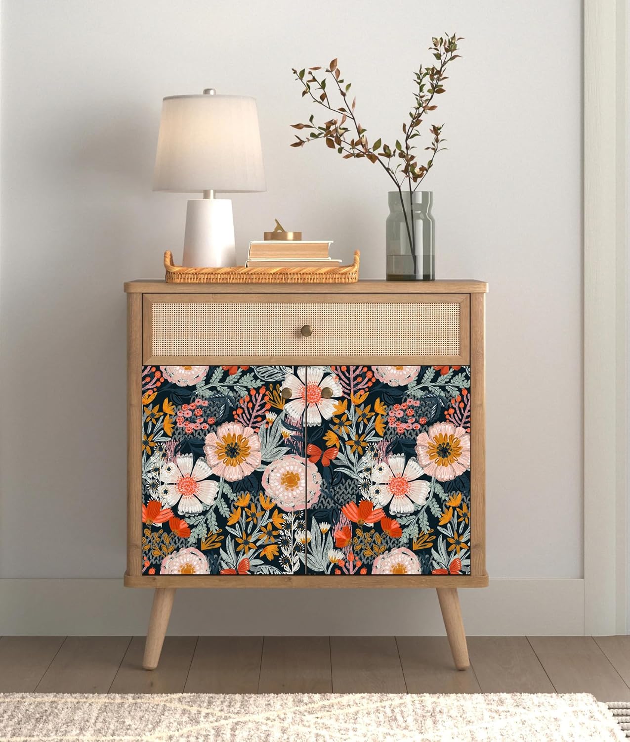 HAOKHOME Boho Peel and Stick Wallpaper Floral Wall Paper Removable for Bedroom Navy/Pink/Orange Contact Paper 17.7in x 9.8ft