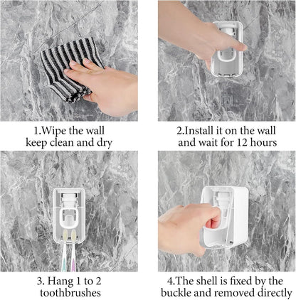 2 Slot Toothbrush Holder and Toothpaste Dispenser Wall Mounted, Automatic Toothpaste Squeezer, 2 in 1 Tooth Brush Toothpaste Organizer for Shower (Grey)