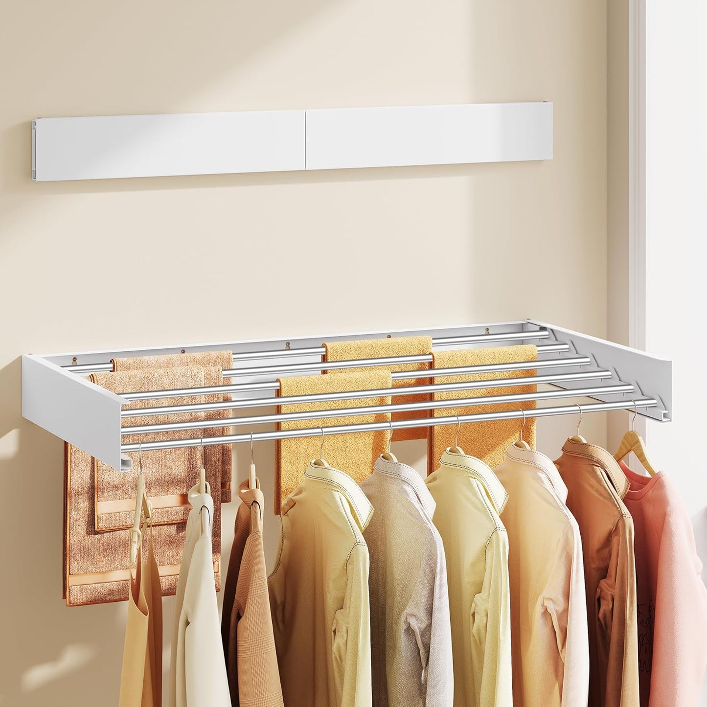 SONGMICS Wall Mounted Drying Rack, Clothes Drying Rack Foldable, 39.4 Inches Wide Laundry Clothes Airer with Wall Template, 6 Fold-Out Aluminum Alloy Bars, Indoor, Matte White ULLR810WE01