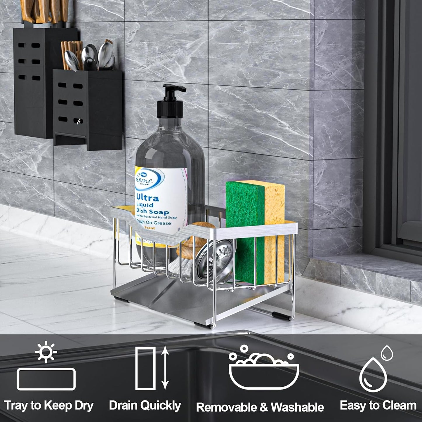 Vanwood Sponge Holder for Kitchen Sink with Auto Draining Tray, Sink Caddy Kitchen Sink Cocina Organizer, Self Drain Dish Soap Sponge Caddy for Counter | Kitchen Sink
