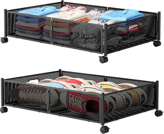 Gawerk Under Bed Storage with Wheels, Foldable Metal Mesh Underbed Storage Container Bins, Tool-free Assembly Clothes Drawer Organizer,2Pack