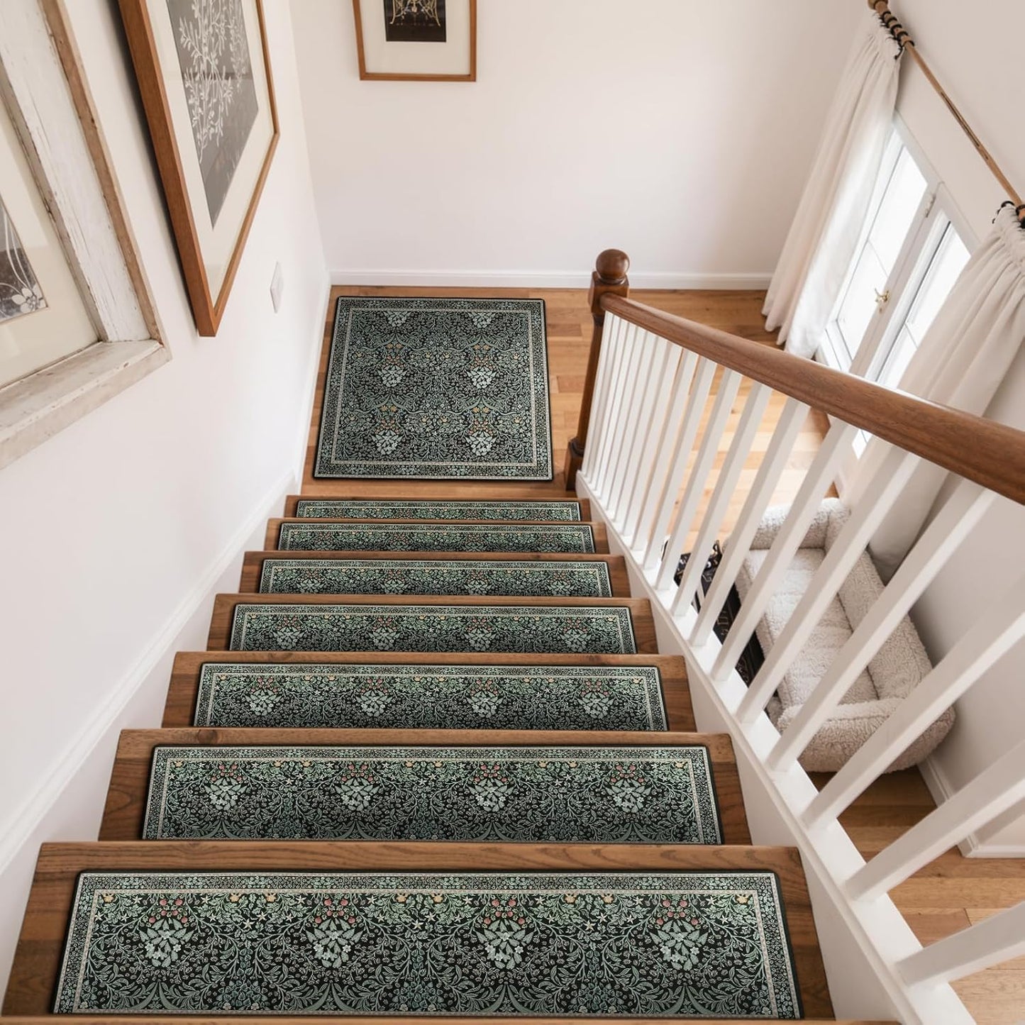 OJIA Floral Stair Treads Non-Slip Stair Runner for Wooden Steps Indoor 15PCS 30"x8" Carpet Stair Treads Stair Mats Staircase Step Treads for Kids, Elders and Dogs, Stair Covers, Black