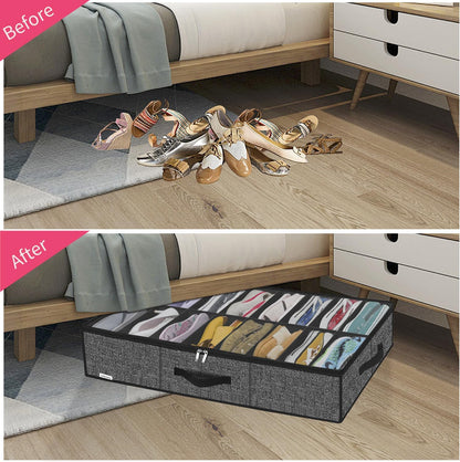 Onlyeasy Sturdy Under Bed Shoe Storage Organizer, Set of 2, Fit 12 to 24 Pairs, Underbed Shoes Closet Storage Solution with Clear Window, Breathable, L29.3 x W23.6 x H5.9, Linen-like Black, MXAUBSB2P