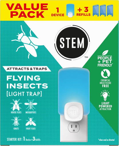 STEM Flying Insect Trap - Indoor Fruit Fly & Gnat Catcher for Home, Kitchen & Any Room, Attracts & Traps Bugs, Soft Blue UV Light - Includes 1 Plug-in Device & 1 Cartridge