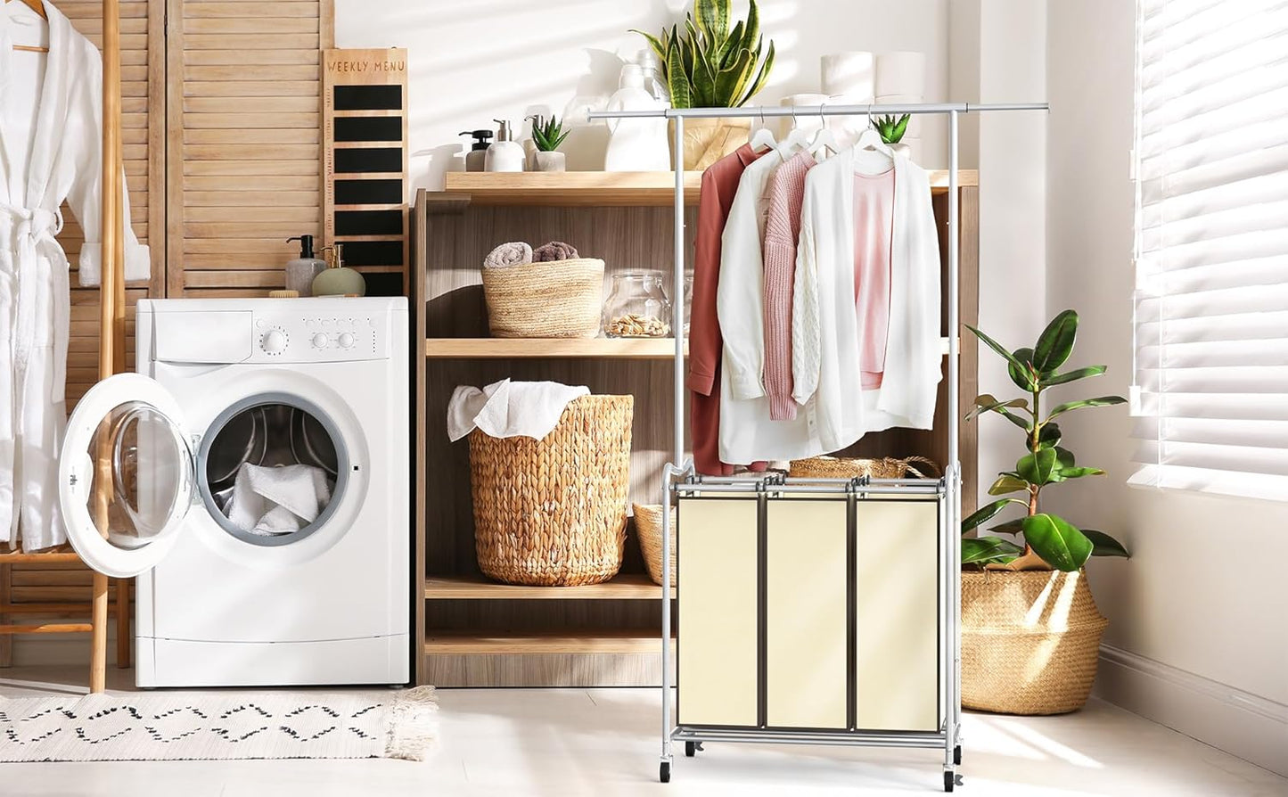 Deco Brothers Heavy Duty 3 Bag Extendable Laundry Sorter Cart with Hanging Bar, Beige
