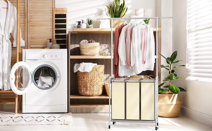 Deco Brothers Heavy Duty 3 Bag Extendable Laundry Sorter Cart with Hanging Bar, Beige