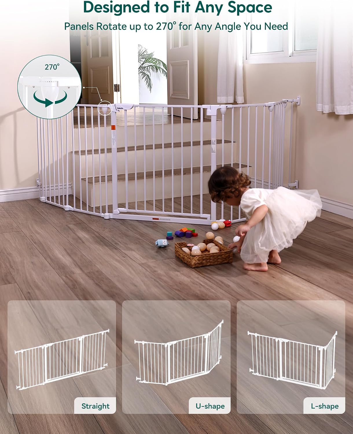 Babelio 104" Extra Wide Baby Gate, 30” Tall Auto Close Dog Fence for Stairs Doorways Fireplace, Hardware Mounted Pet Gate Indoor, Foldable 5 Metal Panels, AdaptiZone Series, Black