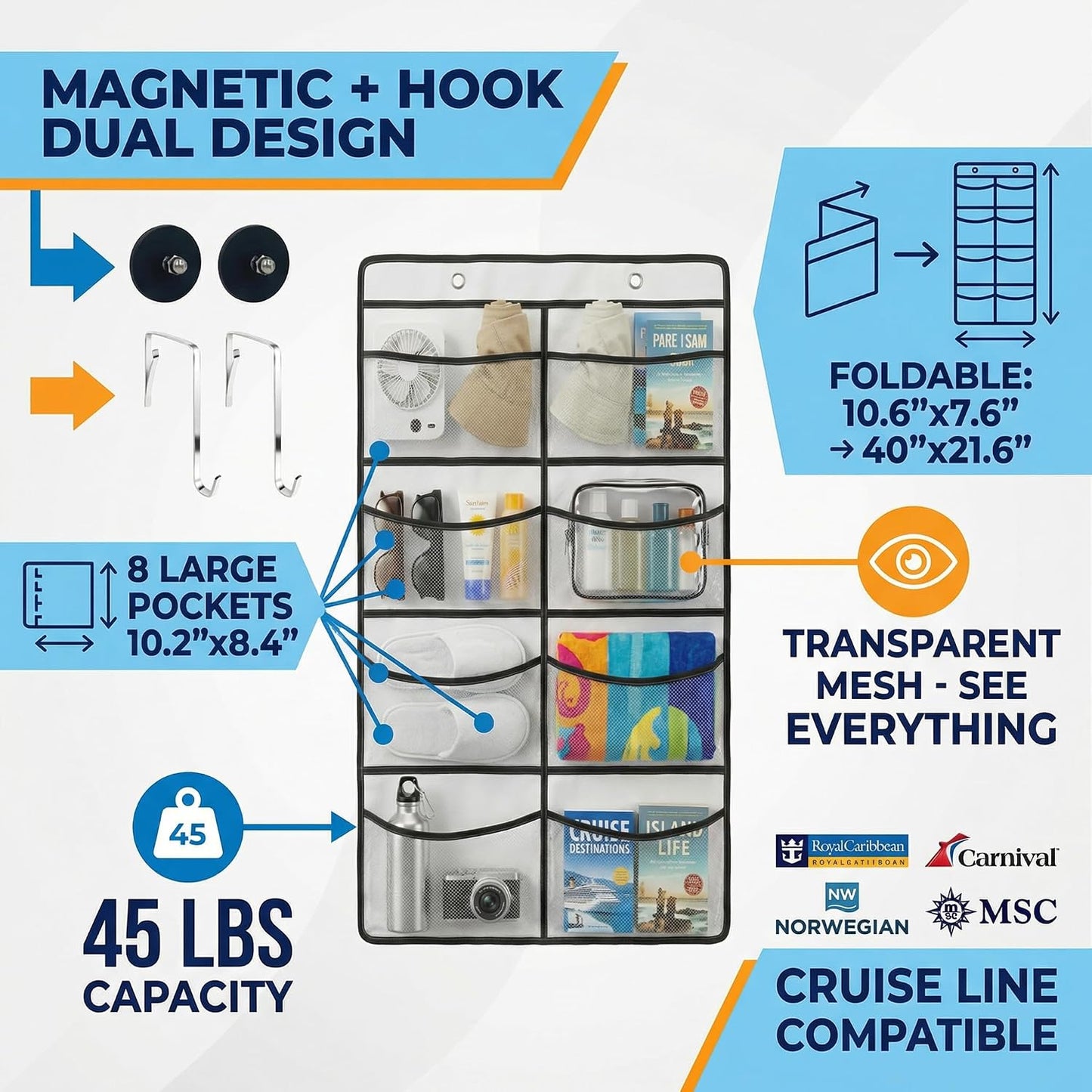 Magnetic Cruise Organizer, 14 Large Durable Pockets Over The Door Organizer For Cruise Ships, Magnetic & Hanging Cruise Organizer, Cruise Essentials 2026 （ 67" x 21.6"）
