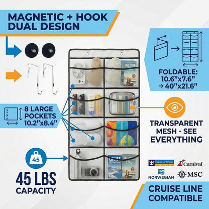 Magnetic Cruise Organizer, 14 Large Durable Pockets Over The Door Organizer For Cruise Ships, Magnetic & Hanging Cruise Organizer, Cruise Essentials 2026 （ 67" x 21.6"）