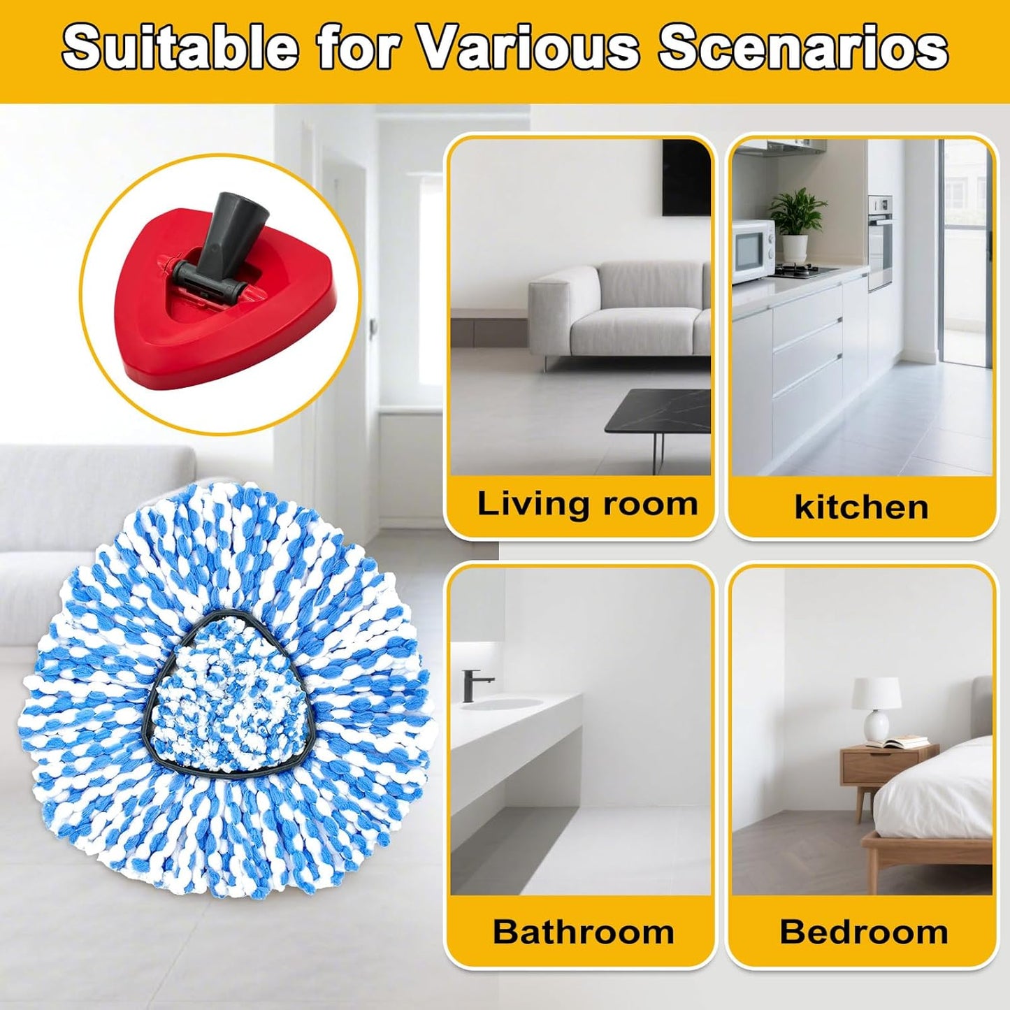Mop Heads for O Cedar RinseClean 2 Tank Spin Mop System, 3 Microfiber Mop Head Refills and 3 Chenille Mop Pads,1 Scrub Brush, and 1 Mop Base with Mop Handle Set Combo