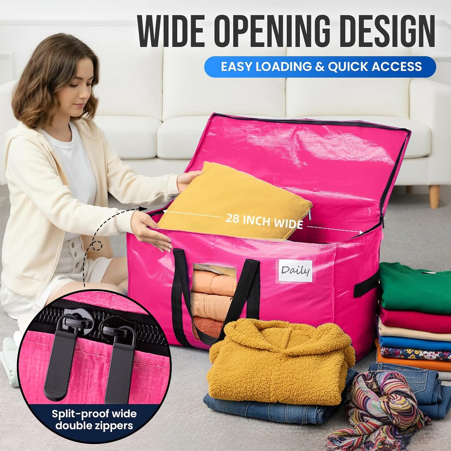 TAILI Extra Large Moving Bags, 4 Pack Blue Heavy Duty Totes For Storage with Visible Window, Wrap Around Handles, Storage Bags for Space Saving, Alternative to Moving Boxes