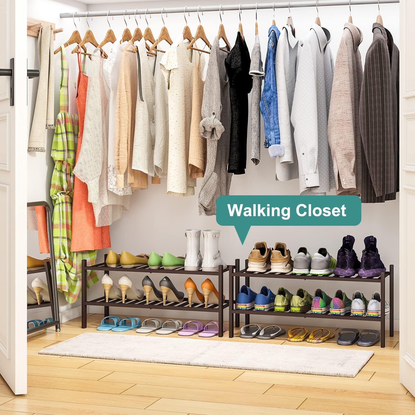 viewcare 3-Tier Black Bamboo Shoe Rack for Entryway, Stackable | Foldable | Natural, Shoe Shelf Storage Organizer for Hallway Closet, Free Standing Shoe Racks for Indoor Outdoor