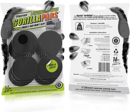Slipstick GorillaPads CB147 Non Slip Furniture Pads/Gripper Feet (Set of 16) Self Adhesive Rubber Floor Protectors, 1 inch Round, Black
