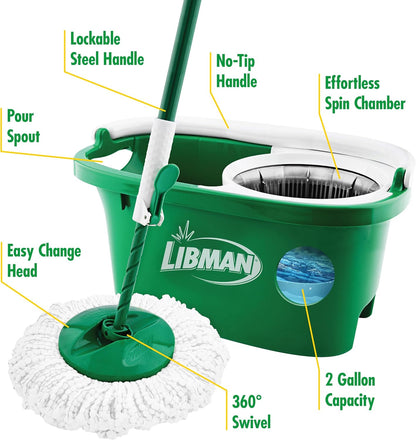 Libman Tornado Spin Mop System and 1 Refill, Mop and Bucket with Wringer Set for Hardwood Floor Cleaning, 2 Total Heads Included