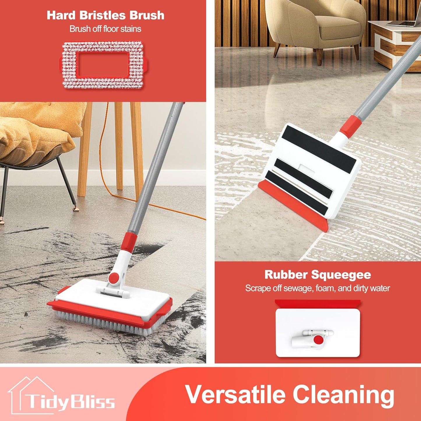 TidyBliss Baseboard Cleaner Tool with Handle, 55.9” Long Wall and Base Board Cleaning Mop, 4 Reusable Pads, 1 Stiff Bristle Scrubber Brush for Floorboard Ceiling Cabinet Window Bathroom Kitchen (Red)