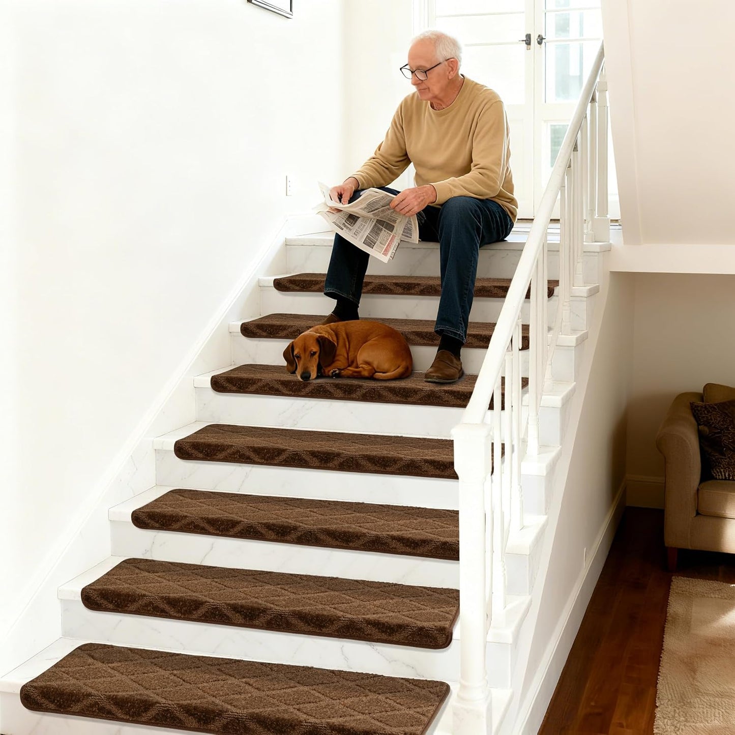 DEXDE Bullnose Stair Treads for Wooden Steps Non-Slip Stair Runner, 14 Pcs | Reusable bullnose carpet Stair Treads Indoor, Peel and Stick Stair Rugs with Edge Protection, Soft Washable, 30"x9.5" Grey