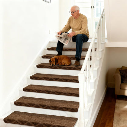 DEXDE Bullnose Stair Treads for Wooden Steps Non-Slip Stair Runner, 14 Pcs | Reusable bullnose carpet Stair Treads Indoor, Peel and Stick Stair Rugs with Edge Protection, Soft Washable, 30"x9.5" Grey