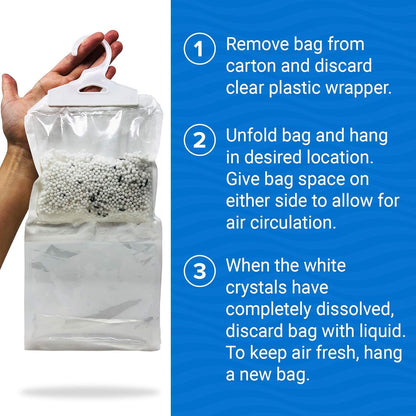 4 Pack Moisture Absorber Hanging Bags, Boat Dehumidifier with Charcoal, Unscented, Removes Dampness and Musty Odors, Ideal for Basement, Closet, Home, Car, RV, and Boating