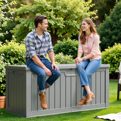 Flamaker Resin Deck Box 120 Gallon Waterproof Large Outdoor Indoor Storage Box Imitation Wood Resin for Patio Furniture Garden Tools and Pool (Black)