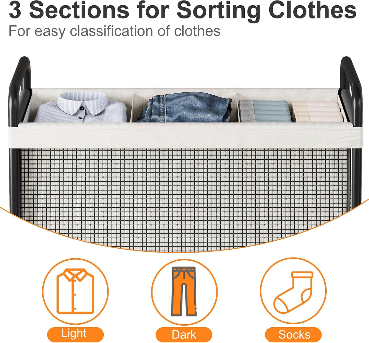 WOWLIVE Laundry Hamper 3 Section, 120L Rolling Laundry Basket with wheels and Removable Liner Bag, Laundry Sorter with Metal Handle, Large Clothes Hamper for Laundry Room, Bathroom and Dorm, Beige