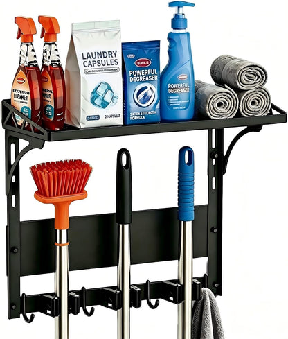 MUTUACTOR Heavy Duty Magnetic Broom Holder,Anti-slip Magnetic Tool Rack with Top Utility Shelf, Easy Assembly Broom Mop Organizer for Refrigerator Metal Cabinet Laundry Room Kitchen,3-Clamps 4-Hooks