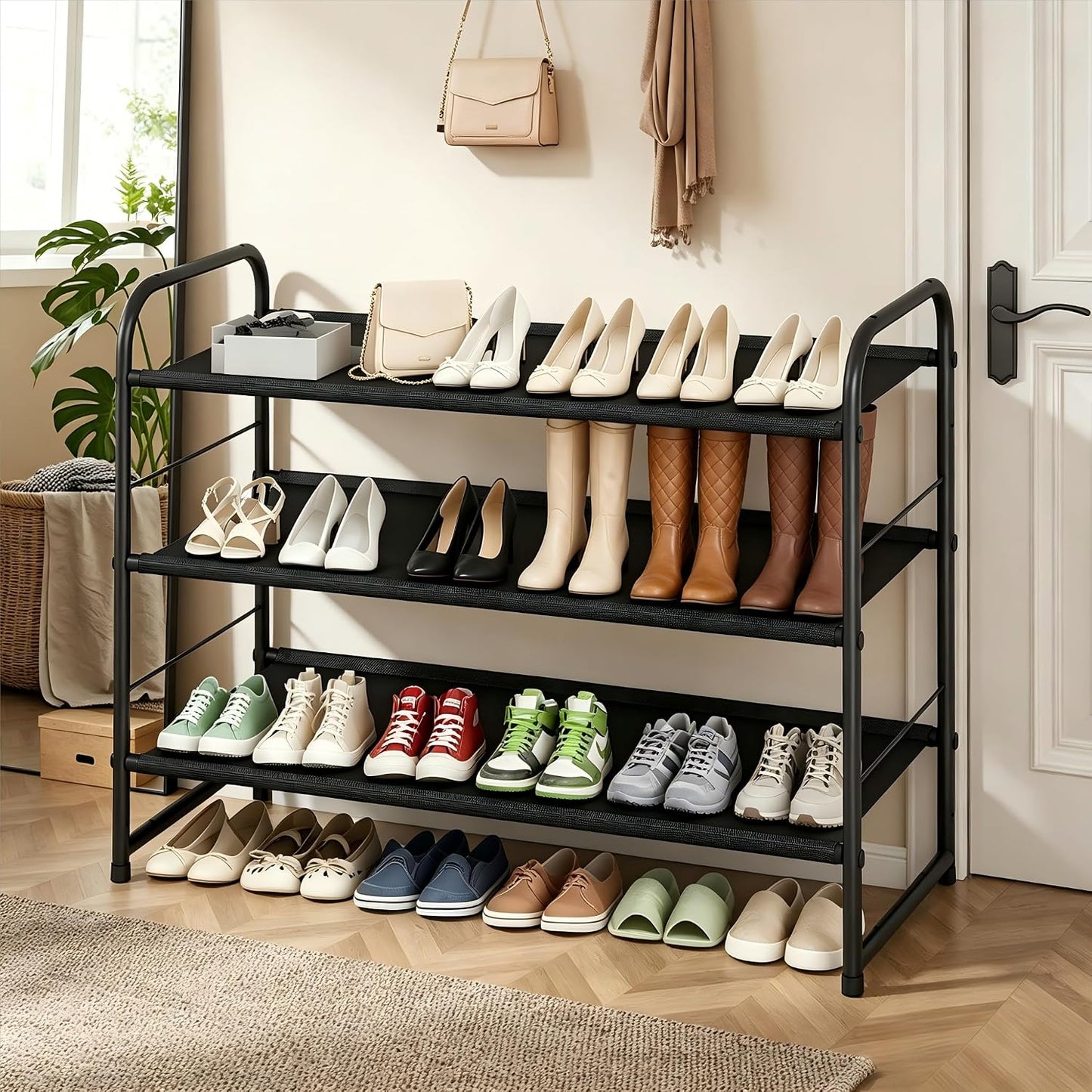 Ekisemio 3-Tier Long Metal Shoe Rack, Wide Stackable Shoe Organizer for Closet & Entryway, with Sturdy Wire Grid Storage Shelf for Bedroom, Black