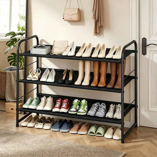 Ekisemio 3-Tier Long Metal Shoe Rack, Wide Stackable Shoe Organizer for Closet & Entryway, with Sturdy Wire Grid Storage Shelf for Bedroom, Black