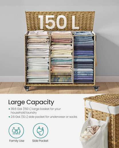 SONGMICS Laundry Hamper with Lid, 37 Gallons (140 L), Rolling Laundry Basket with Wheels, 3-Section Synthetic Rattan, Removable Liner, Bedroom, 26 x 13 x 26 Inches, Gray ULCB363G01