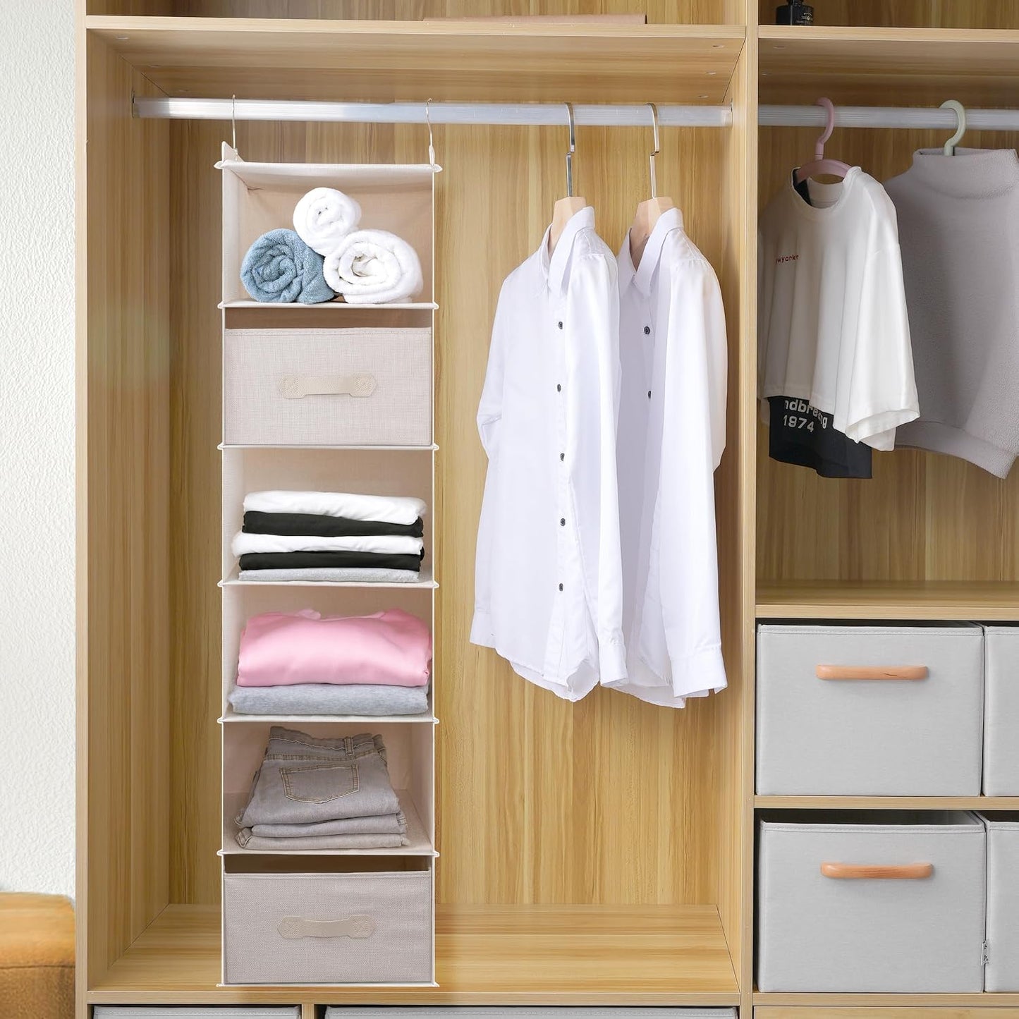 Large Hanging Sweater Organizer for Closet,Collapsible 6-Shelf Hanging Closet Shelves with Drawers, Washable (Grey-6 Shelf)
