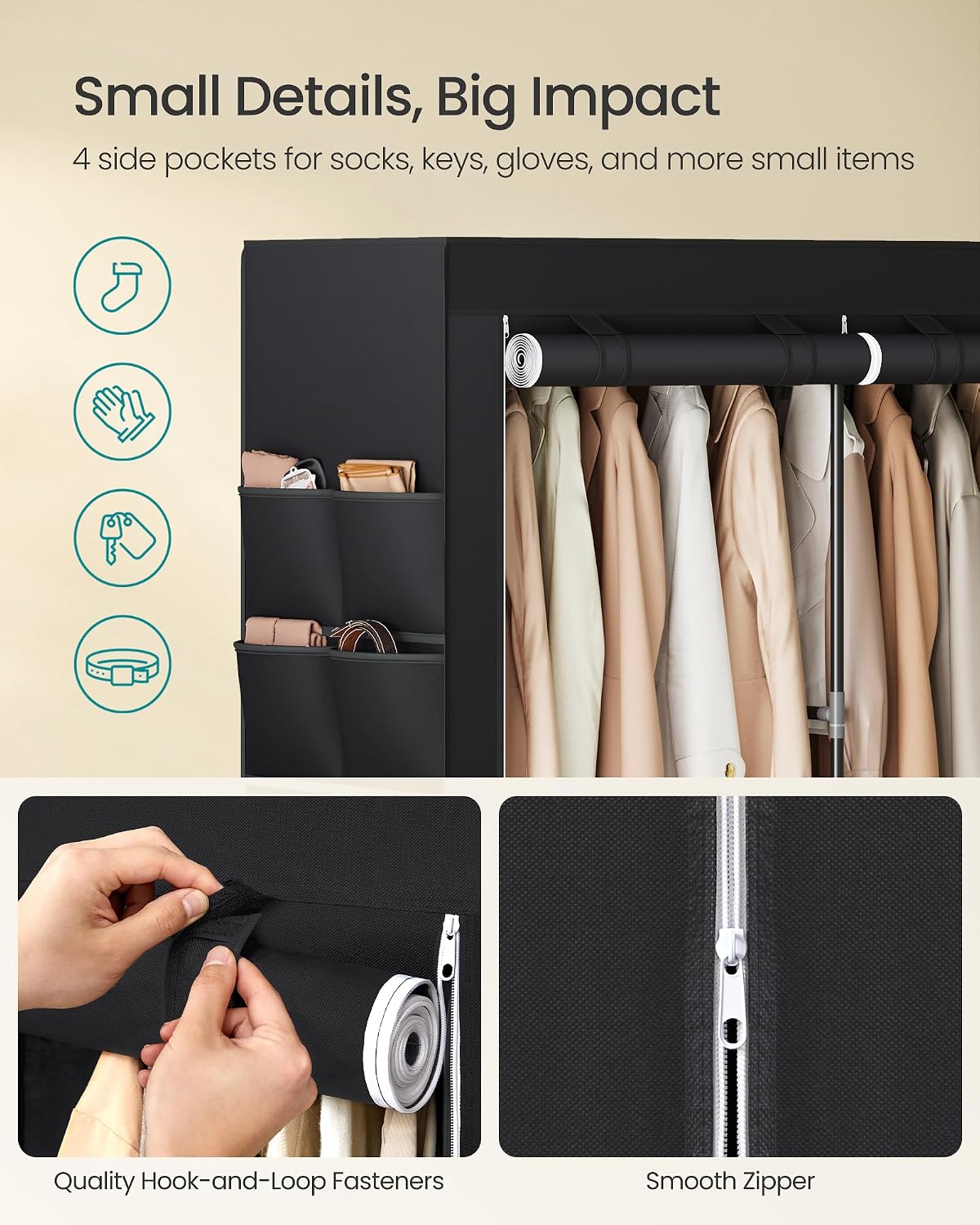 SONGMICS Portable Closet, Wardrobe Closet Organizer with Cover, 3 Hanging Rods and Shelves, 4 Side Pockets, 51.2 x 17.7 x 65.7 Inches, Large Capacity for Bedroom, Living Room, Ink Black URYG092B02